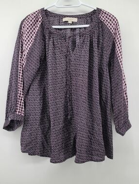 LOFT Pink and Purple Geometric Peasant Top
